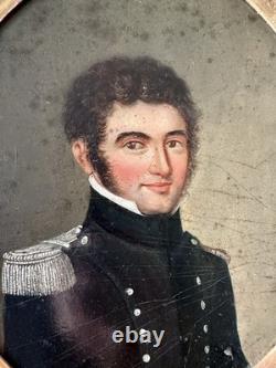 Tableau Ancien Portrait Officier Militaire XIXe Huile Sur Panneau Cadre Doré