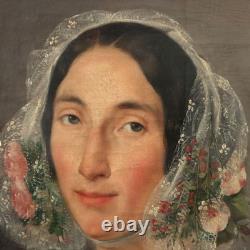 Tableau Ancien Portrait d'une Jeune Femme Huile sur Toile XIXe Siècle