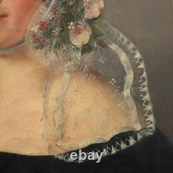 Tableau Ancien Portrait d'une Jeune Femme Huile sur Toile XIXe Siècle