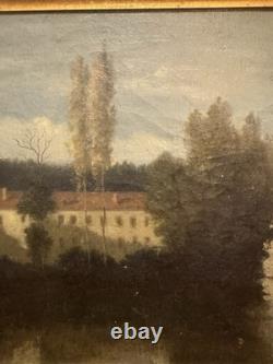 Tableau Ancien Représentant Une Maison Et Des Arbres Au Bord Du Lac