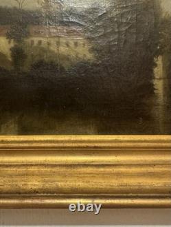 Tableau Ancien Représentant Une Maison Et Des Arbres Au Bord Du Lac