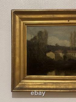 Tableau Ancien Représentant Une Maison Et Des Arbres Au Bord Du Lac