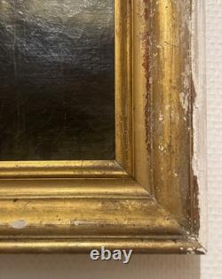Tableau Ancien Représentant Une Maison Et Des Arbres Au Bord Du Lac