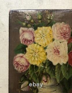 Tableau Ancien Signé, Bouquet De Fleurs, Huile Sur Panneau, Peinture, Fin XIXe