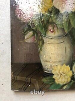 Tableau Ancien Signé, Bouquet De Fleurs, Huile Sur Panneau, Peinture, Fin XIXe