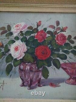 Tableau Ancien Signé, Bouquet De Fleurs, Huile Sur Toile, Peinture