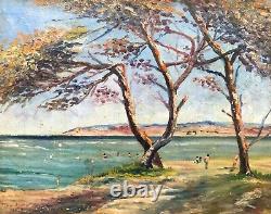 Tableau Ancien Signé, Encadré, Scène De Baignade, Huile Sur Toile, Peinture, XXe