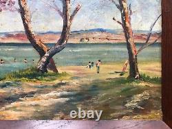 Tableau Ancien Signé, Encadré, Scène De Baignade, Huile Sur Toile, Peinture, XXe