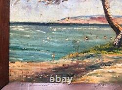 Tableau Ancien Signé, Encadré, Scène De Baignade, Huile Sur Toile, Peinture, XXe