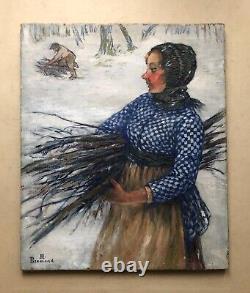 Tableau Ancien Signé Marie Jeanne Brémond, La Porteuse De Fagot, Huile Sur Toile