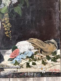 Tableau Ancien, Vase Japonais Aux Fleurs, Huile Sur Toile XIXeme