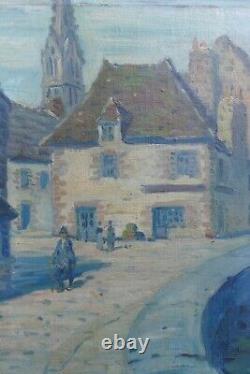 Tableau Ancien Village Animé Peinture huile sur panneau signé Sivel