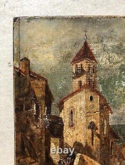 Tableau Ancien, Village Animé, Petite Huile Sur Toile, Peinture, XIXe