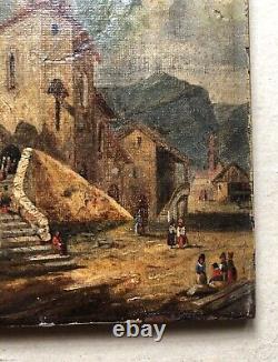 Tableau Ancien, Village Animé, Petite Huile Sur Toile, Peinture, XIXe