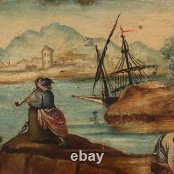 Tableau Ancien Vue du Port Huile sur Panneau XIXe Siècle Original