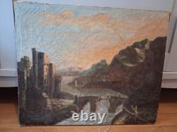 Tableau Ancien XIXe Siècle Paysage Romantique Ruines Château Pont Huile Toile