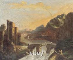Tableau Ancien XIXe Siècle Paysage Romantique Ruines Château Pont Huile Toile