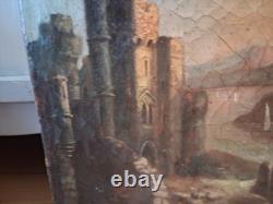 Tableau Ancien XIXe Siècle Paysage Romantique Ruines Château Pont Huile Toile