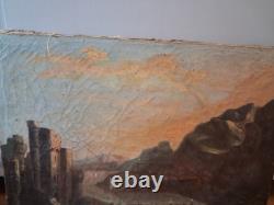 Tableau Ancien XIXe Siècle Paysage Romantique Ruines Château Pont Huile Toile