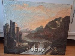 Tableau Ancien XIXe Siècle Paysage Romantique Ruines Château Pont Huile Toile