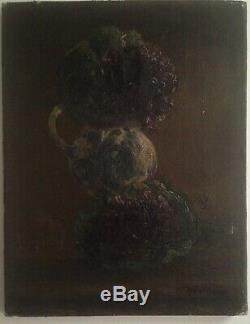 Tableau Ancien fin XIXe Bouquet de fleurs Violettes Huile sur toile signée