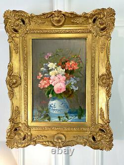 Tableau Ancien /huile Sur Toile De A. Gros Bouquet De Fleurs / Vase Bleu