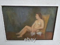 Tableau Ancien huile sur carton femme nue assise