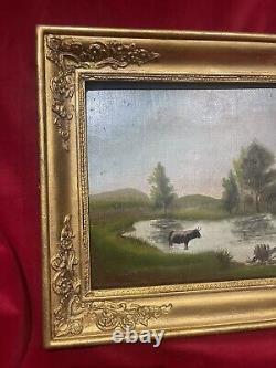 Tableau Ancien huile sur panneau XIX Eme Vache Au Bord D Un Lac