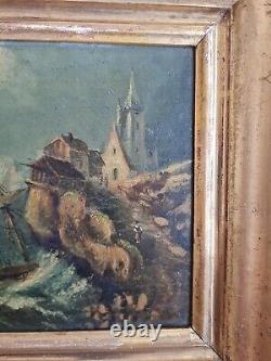 Tableau Ancien, huile sur panneau XIX ème s représentant une marine