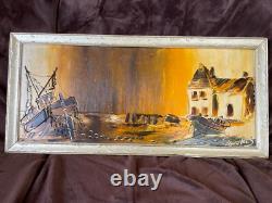 Tableau Ancien huile sur panneau à déchiffrer (début XXe-s) village côtier
