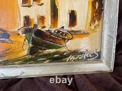 Tableau Ancien huile sur panneau à déchiffrer (début XXe-s) village côtier