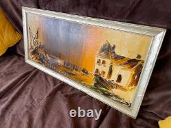 Tableau Ancien huile sur panneau à déchiffrer (début XXe-s) village côtier