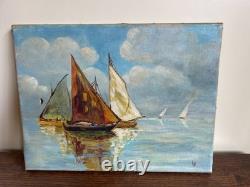 Tableau Ancien huile sur toile D P (début XXe-s) marine