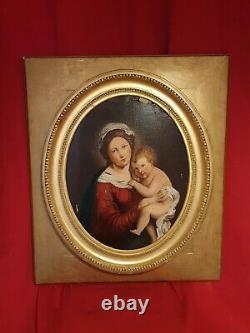 Tableau Ancien huile sur toile XIX ème s, vierge à l'enfant, cadre doré