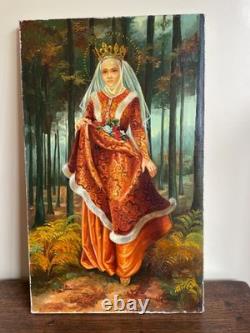 Tableau Ancien huile sur toile Y. Desadeleer (début XXe-s) scène pieuse sainte