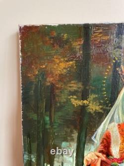 Tableau Ancien huile sur toile Y. Desadeleer (début XXe-s) scène pieuse sainte
