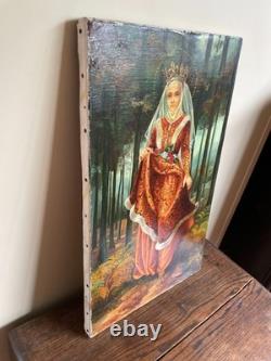 Tableau Ancien huile sur toile Y. Desadeleer (début XXe-s) scène pieuse sainte