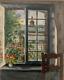 Tableau Ancien Intérieur Fenêtre Sur Toitures Jardin Fleurs Post Impressionniste