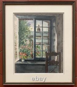 Tableau Ancien intérieur fenêtre sur toitures jardin fleurs post impressionniste