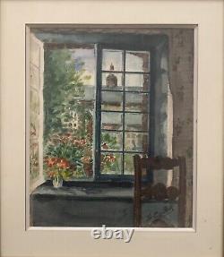 Tableau Ancien intérieur fenêtre sur toitures jardin fleurs post impressionniste