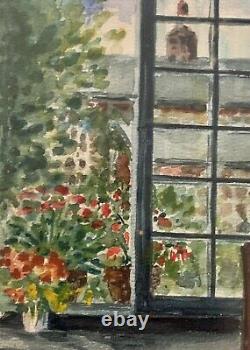 Tableau Ancien intérieur fenêtre sur toitures jardin fleurs post impressionniste