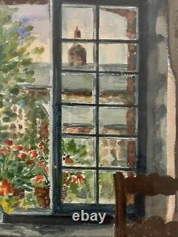 Tableau Ancien intérieur fenêtre sur toitures jardin fleurs post impressionniste