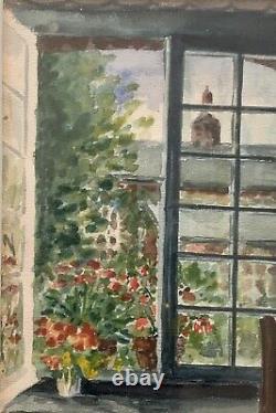 Tableau Ancien intérieur fenêtre sur toitures jardin fleurs post impressionniste