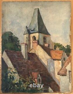 Tableau Ancien originale l' huile sur Isorel paysage maisons Village