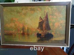 Tableau Huile Sur Toile Ancien Venise Vue Maritime Au Crepuscule