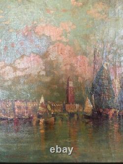 Tableau Huile Sur Toile Ancien Venise Vue Maritime Au Crepuscule