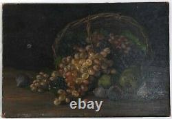 Tableau Peinture Ancienne Huile sur Toile Nature Morte, Fruits, Raisin, Figues