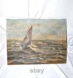 Tableau ancien 1900 Huile sur toile MARINE Voilier Paquebot Tempête océan 35x45