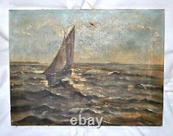 Tableau ancien 1900 Huile sur toile MARINE Voilier Paquebot Tempête océan 35x45