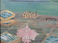 Tableau ancien Art Naïf Bateaux de pêcheurs Belle Huile sur toile signée